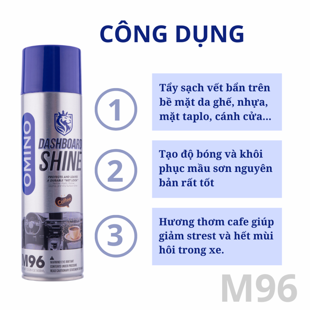 Combo Tiện Lợi Omino Xịt Tẩy Đa Năng Dạng Bọt M002 650ml & Xịt Dưỡng Bóng Nội Thất Cafe M96 500ml - Chính Hãng Omino VN